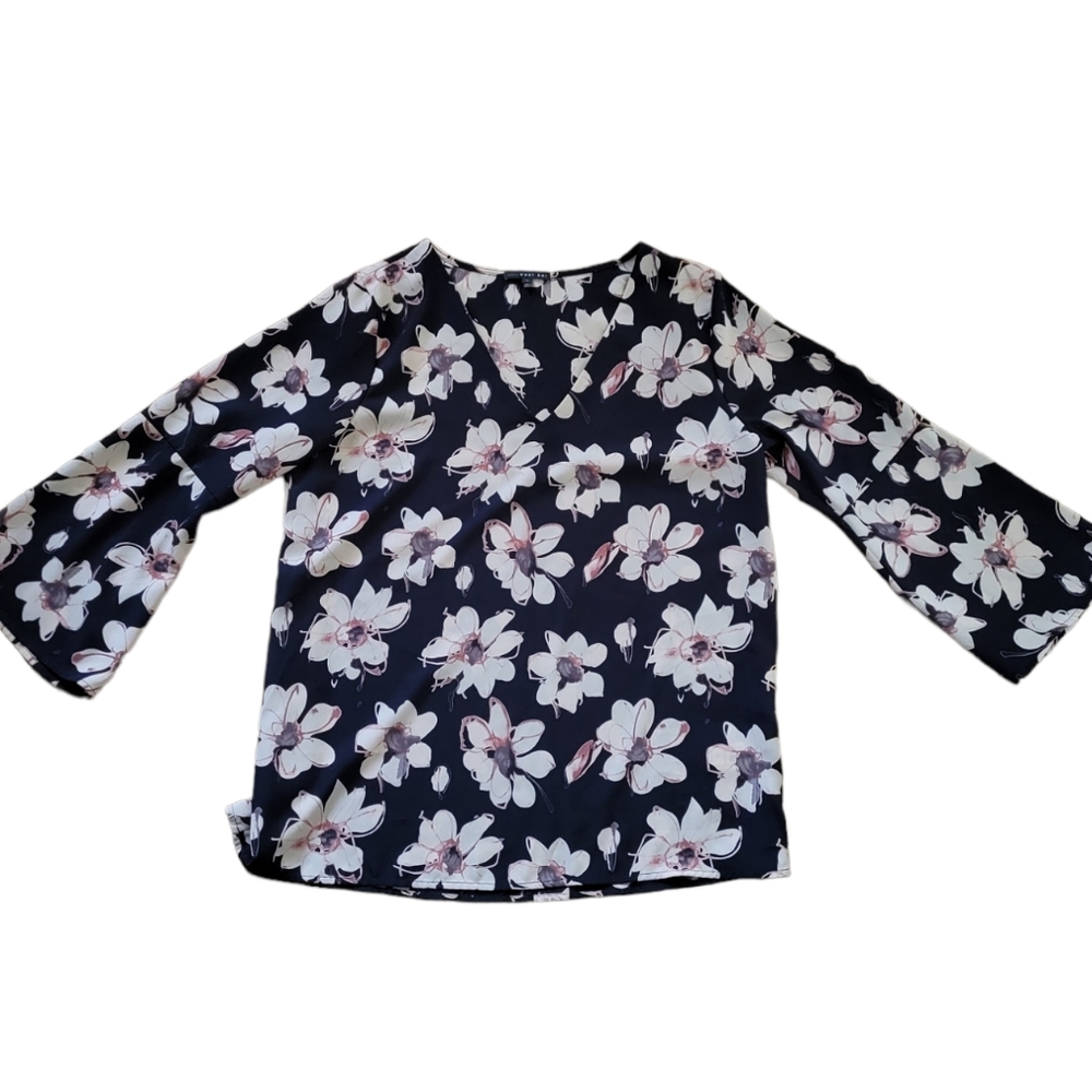 West Kei Navy Blue Floral Bell Sleeve Blouse Size M